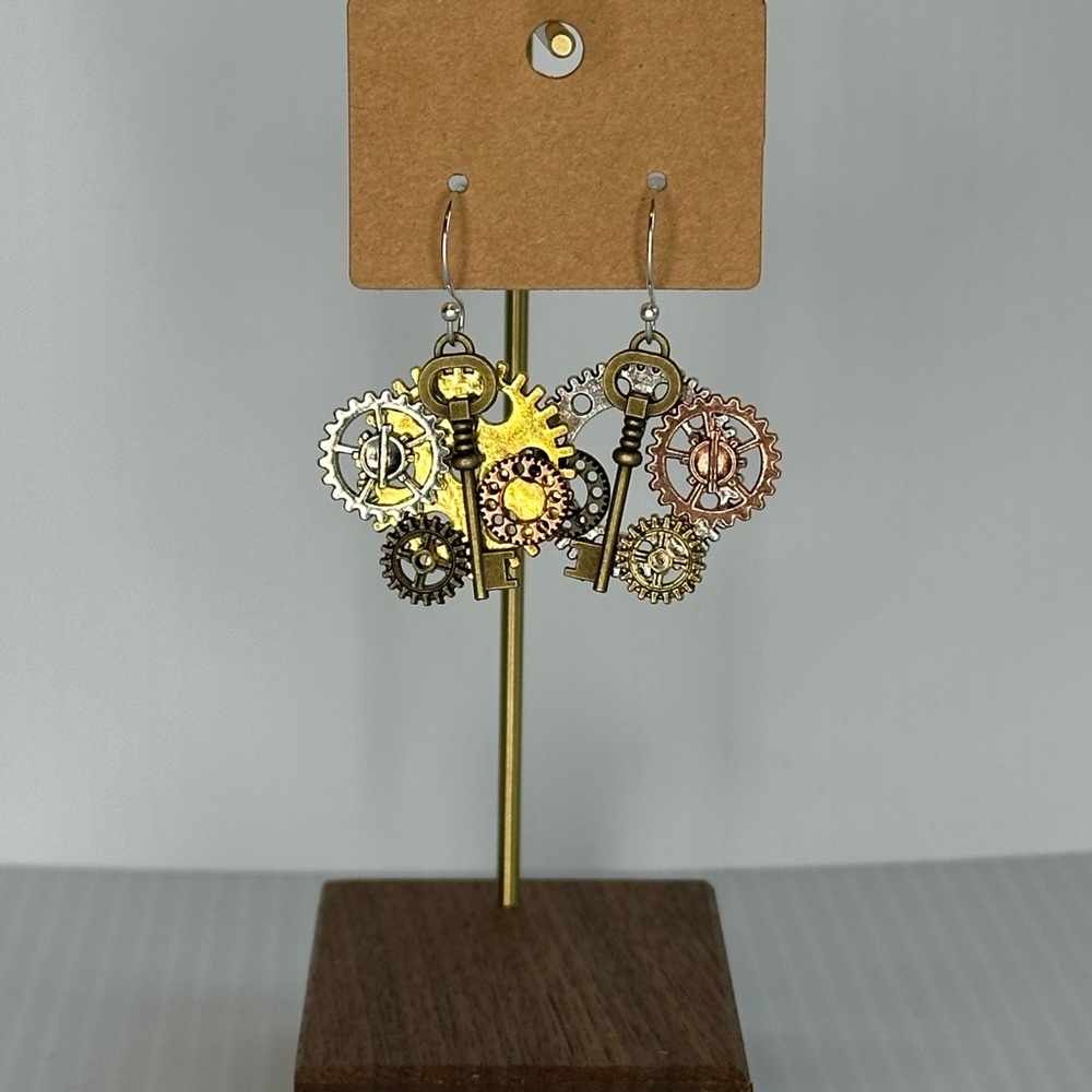 Mixed metal steampunk gear and key earrings